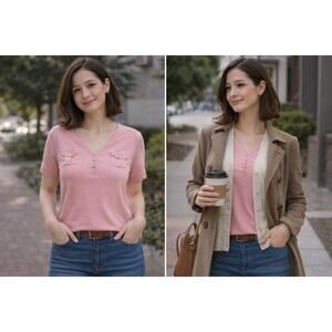 Chaps Classic Pink V Neck Top Petite L Preppy Girly Button Pocket Soft Knit